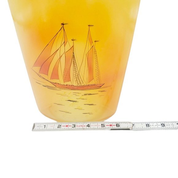 VTG Gold Sail Ship Glass Vase Satin Nautical Handpainted 10" Oval Eye MCM SIgned - Picture 2 of 12